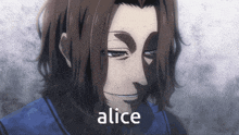 a close up of a person 's face with the word alice in white letters