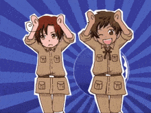 a cartoon drawing of two boys with the letter m on their pockets