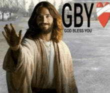 a picture of jesus waving with the words gby god bless you behind him