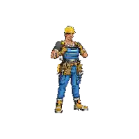 a cartoon of a man wearing overalls and a hard hat standing next to a pocket full of tools