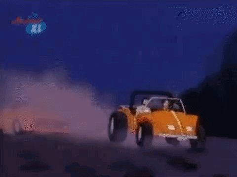 Turbo Teen jumps over the dune buggy and forces it onto a pier