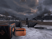 a video game scene with a soldier standing in the snow