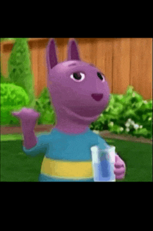 a purple cartoon character is holding a glass of water and waving