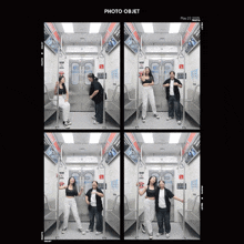 four photos of people on a train with the words photo objet on top