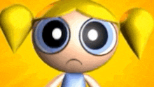 bubbles from the powerpuff girls is a cartoon character with a sad face .