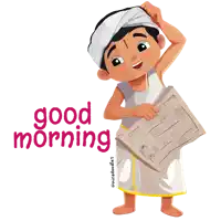 a cartoon illustration of a man holding a newspaper with the words good morning written below him