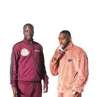 two men standing next to each other one wearing a maroon jacket that says moncler