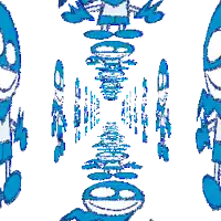 a drawing of a blue and white cartoon character with the word bubbles behind them