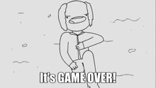 a black and white drawing of a man holding a stick with the words it 's game over !