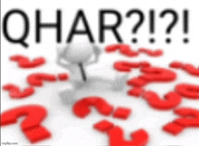 a 3d man is surrounded by red question marks and the words qhar ??