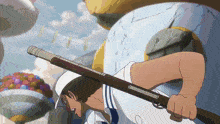 a cartoon character is holding a rifle with the letter n on it