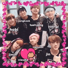 a group of young men are posing for a picture with their names written in pink glitter