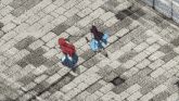 a woman with red hair is walking down a brick sidewalk