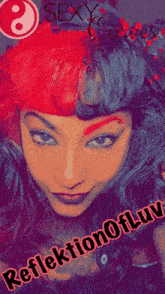 a reflection of luv poster with a woman in red and blue hair