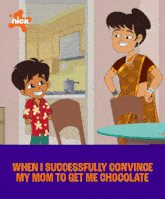 a cartoon of a boy and a woman with the words when i successfully convince my mom to get me chocolate below them