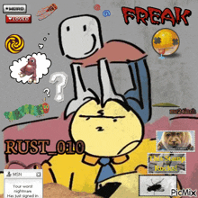 a cartoon with a smiley face and the words freak