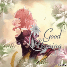 a picture of a girl with a flower and the words " good morning "