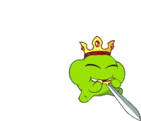 a cartoon frog with a crown on his head is holding a sword
