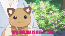 a person holding a cat with the words " sprinklena is here " behind them