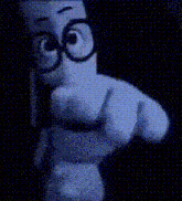 a cartoon character wearing glasses and a hat is pointing his finger at the camera .