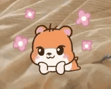 a cute cartoon hamster is sitting on a bed with pink flowers flying around it .