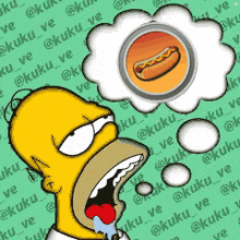 a cartoon of homer simpson thinking about a hot dog in a thought bubble