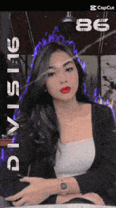 a woman with red lipstick is sitting in front of a sign that says division 86