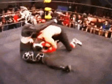 two men are wrestling in a ring with a crowd in the background .