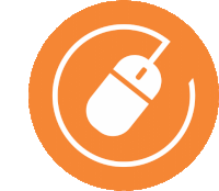 an orange circle with a white icon of a computer mouse inside of it