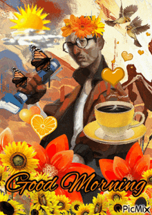 a picture of a man holding a cup of coffee with the words good morning written on it