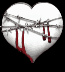 a white heart is surrounded by barbed wire and blood coming out of it
