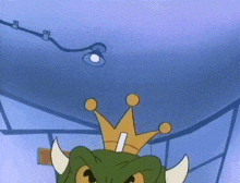 a cartoon character with horns and a crown on his head is looking up at the ceiling .