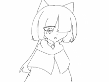 a black and white drawing of a girl with short hair