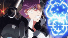 a man with purple hair is holding a gun and a blue light is behind him