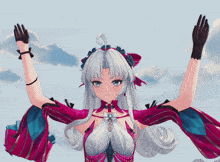 a girl with long white hair is wearing a red and blue outfit