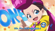 a girl in a yellow jacket giving a peace sign in front of the word one in blue