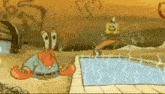 a cartoon of spongebob and mrs. krabs standing next to a pool .