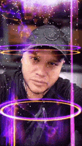 a man in a black hat is surrounded by purple circles