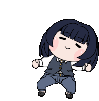 a cartoon drawing of a girl with a vest and jeans
