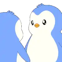 two blue penguins are standing next to each other on a white background