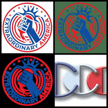 four logos for extraordinary america are shown in different colors