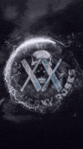 a black and white image of a skull with a circle around it that says xx
