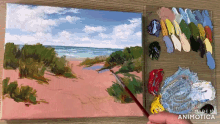 a painting of a beach is being painted with the words made in animatica below it