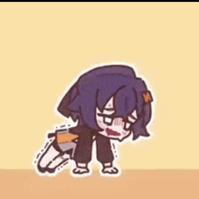 a cartoon of a girl with purple hair and glasses is kneeling down on the floor .