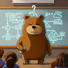 a cartoon bear is standing in front of a blackboard with math equations on it