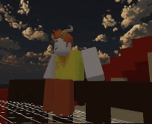 a cartoon character with a horn on his head stands on a bridge