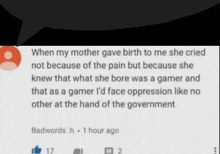 a facebook post that says when my mother gave birth to me she cried not because of the pain