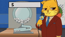 a cartoon cat is holding a microphone in front of a lottery machine with the letter s above it