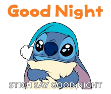 a cartoon of stitch holding a pillow with the words good night stitch say good night