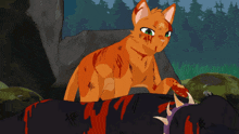 a cartoon drawing of a cat looking at a dead animal